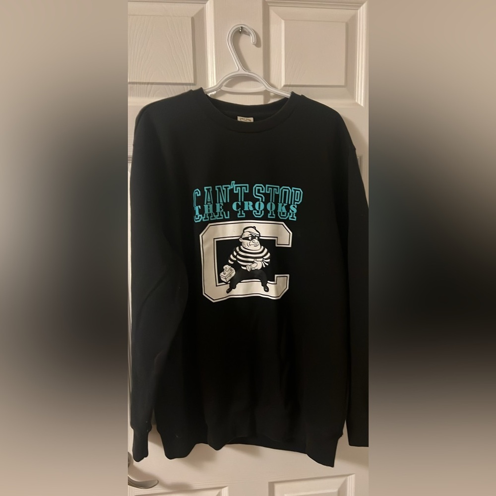 Crooks & Castles Black Crewneck Sweater with Blue and White Accents